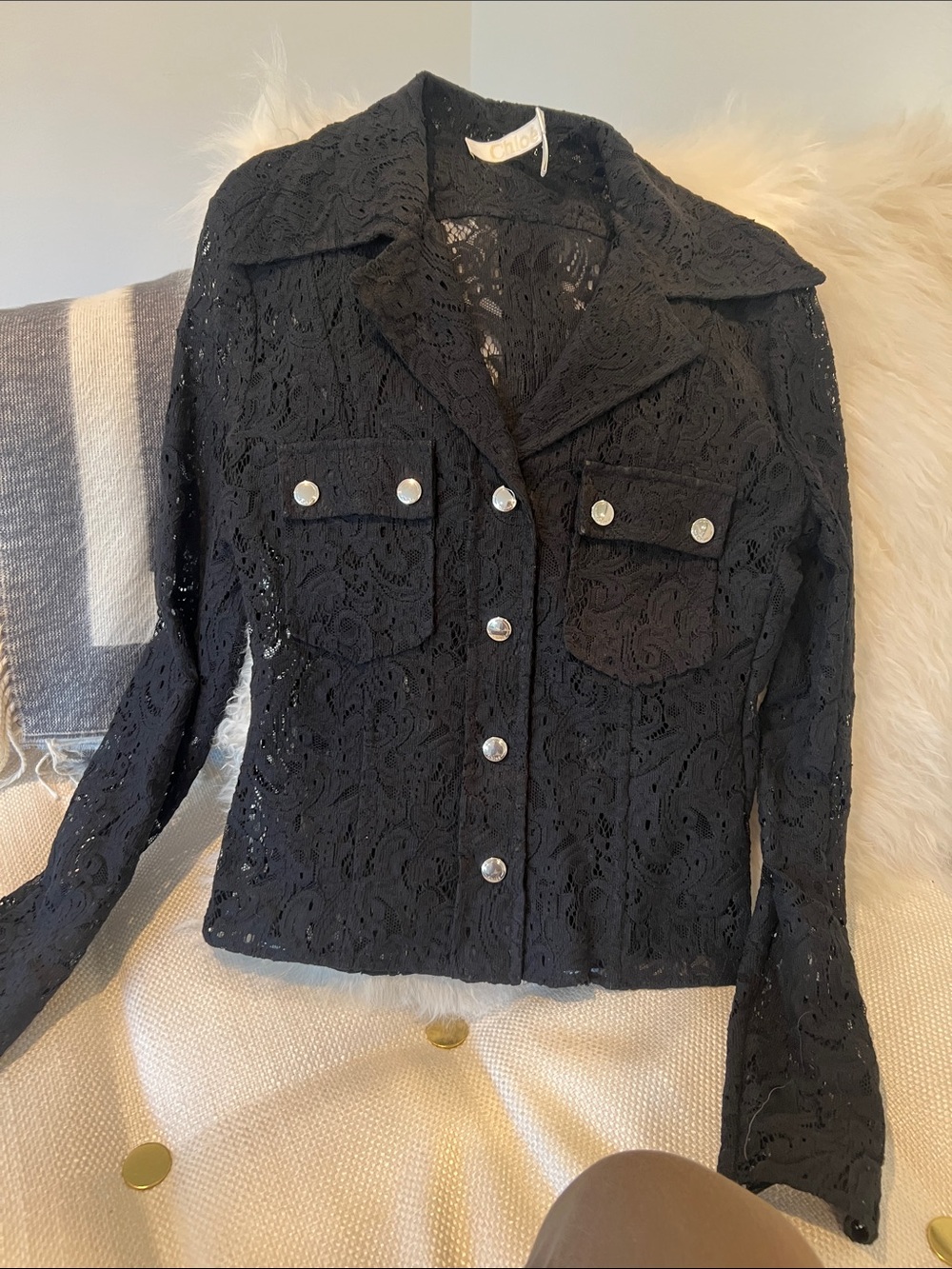 Chloe Black Lace Button-Front Blouse